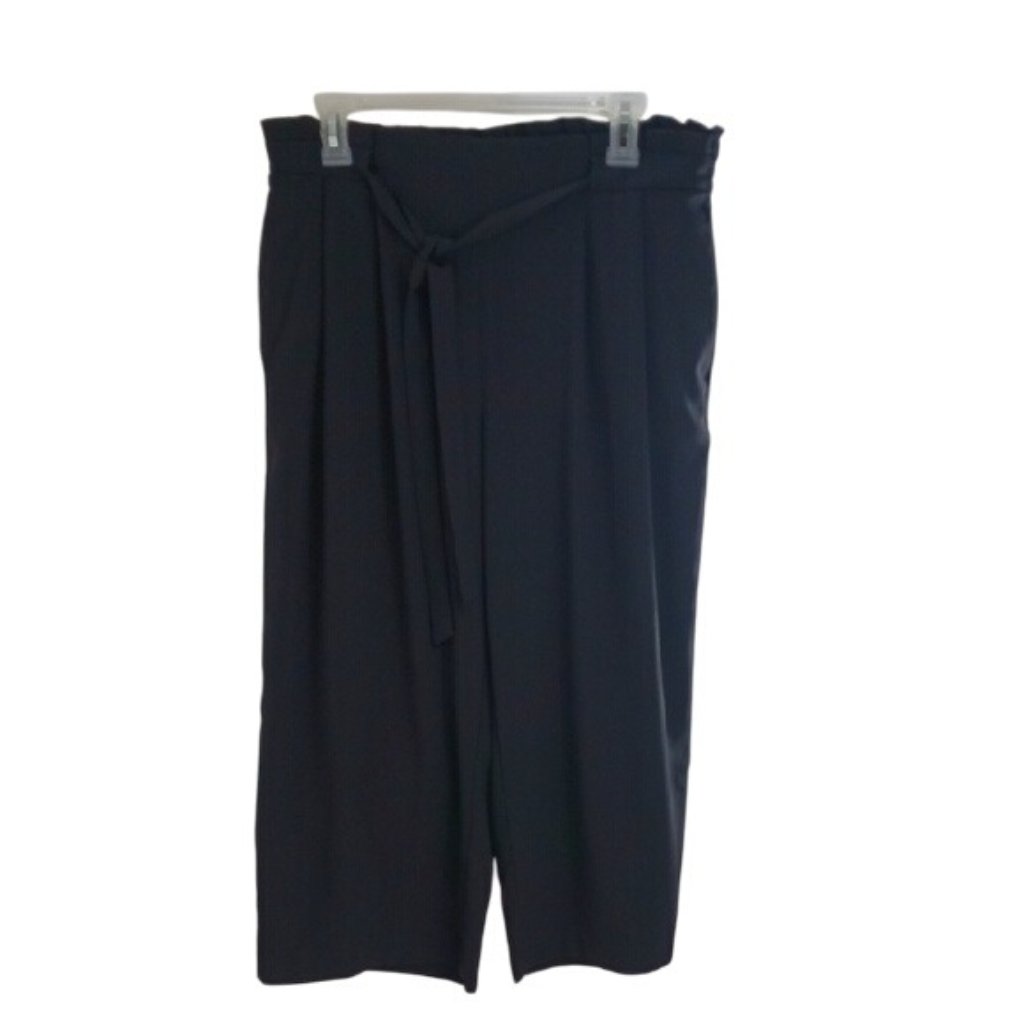 Worthington Pants Black Cropped Belted Wide Leg Elastic Waist Womens Size M